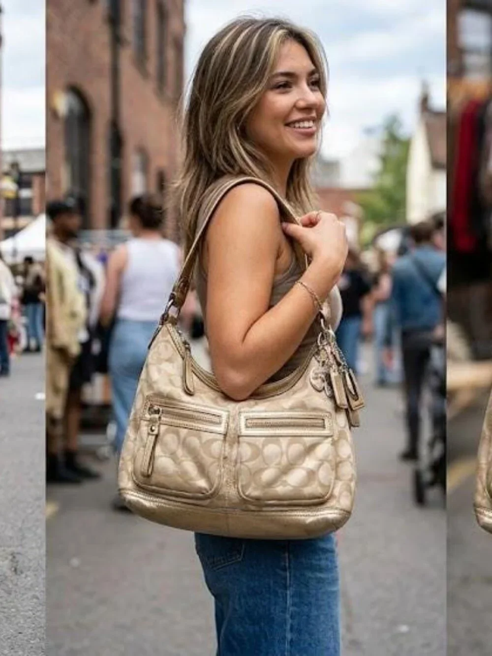 Y2K Coach Poppy Signature Sateen Pocket Hobo in Metallic Gold with Charms - Picture 13 of 13